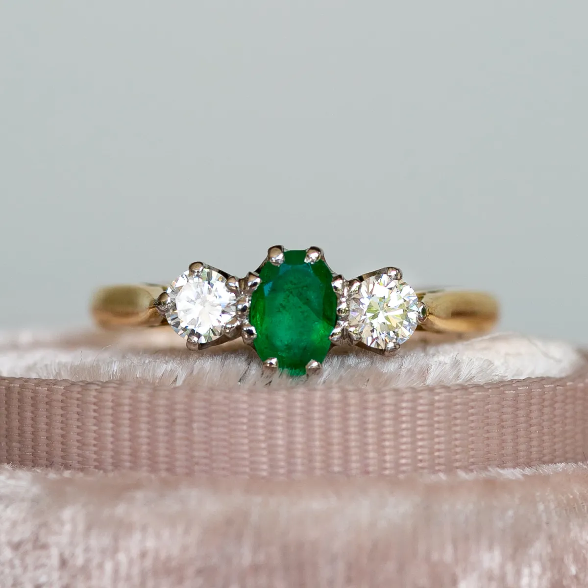 Vintage 18ct yellow gold diamond and emerald three ring. Hallmarked Birmingham 1992.